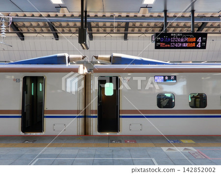 一列北陸新幹線列車,車門敞開,停靠在東京車站。 一列北陸新幹線列車,車門敞開,停靠在東京車站。 142852002
