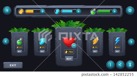 Rocky game shop interface windows and icons, loading bars of grey stone. Game shop panel UI or sale board window frames of rock stones boxes with inventory items for video game store elements Rocky game shop interface windows and icons, loading bars of grey stone. Game shop panel UI or sale board window frames of rock stones boxes with inventory items for video game store elements 142852255