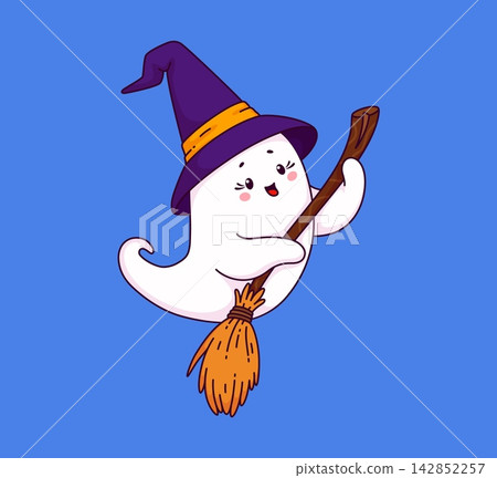 Kawaii ghost character flying on witch broomstick for Halloween holiday cartoon boo personage. Funny cute kawaii ghost in witch or wizard hat floating on broom for Halloween comic spooky spirit Kawaii ghost character flying on witch broomstick for Halloween holiday cartoon boo personage. Funny cute kawaii ghost in witch or wizard hat floating on broom for Halloween comic spooky spirit 142852257