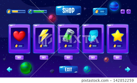 Space game shop interface windows and store panel UI sale board frame with galaxy planets. Cartoon game shop windows with menu board frames for mobile game store items with heart and energy buy Space game shop interface windows and store panel UI sale board frame with galaxy planets. Cartoon game shop windows with menu board frames for mobile game store items with heart and energy buy 142852259