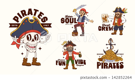 Cartoon y2k funny pirate and corsair groovy stickers. Retro hippie pirate crew captain character, corsair sailor and skull mascots isolated stickers set with treasure map, chest and rum bottle Cartoon y2k funny pirate and corsair groovy stickers. Retro hippie pirate crew captain character, corsair sailor and skull mascots isolated stickers set with treasure map, chest and rum bottle 142852264