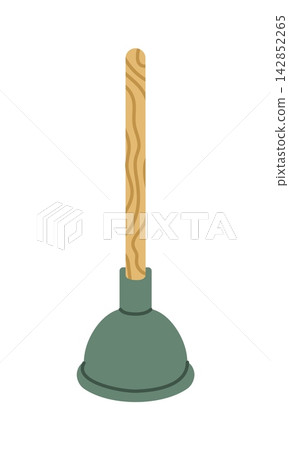Toilet plunger with wooden handle for clearing blocked drains and plumbing maintenance. Household cleaning tool for home repairs company, cleaning service emblems and emergency plumbing services Toilet plunger with wooden handle for clearing blocked drains and plumbing maintenance. Household cleaning tool for home repairs company, cleaning service emblems and emergency plumbing services 142852265