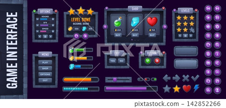 Medieval game UI interface buttons and level window, loading scale and menu frame, castle stone indicators and rewards. Fantasy stone game user interface kit for casual mobile game development Medieval game UI interface buttons and level window, loading scale and menu frame, castle stone indicators and rewards. Fantasy stone game user interface kit for casual mobile game development 142852266