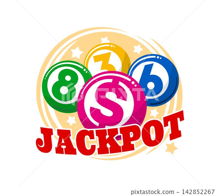 Cartoon lottery jackpot and lotto winner emblem featuring numbered bingo balls in green, gold, pink and blue with bold red text below. Fun lucky casino symbol for gaming apps and lottery branding Cartoon lottery jackpot and lotto winner emblem featuring numbered bingo balls in green, gold, pink and blue with bold red text below. Fun lucky casino symbol for gaming apps and lottery branding 142852267