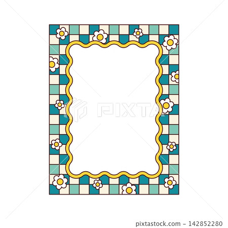 Groovy frame with cartoon psychedelic hippie flowers and retro Y2K wavy border. Funky pop art design for groovy photo frame decoration with checkered pattern, daisy flowers and squiggle wave border Groovy frame with cartoon psychedelic hippie flowers and retro Y2K wavy border. Funky pop art design for groovy photo frame decoration with checkered pattern, daisy flowers and squiggle wave border 142852280