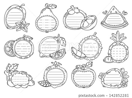 Shaped like tropical fruits kids memo note frames with orange, lemon, durian and pineapple, mango, pear and mangosteen, watermelon, grapes and pomegranate, apple and strawberry. Vector notes frames Shaped like tropical fruits kids memo note frames with orange, lemon, durian and pineapple, mango, pear and mangosteen, watermelon, grapes and pomegranate, apple and strawberry. Vector notes frames 142852281