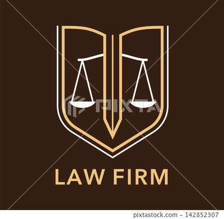 Justice law, attorney and lawyer icon, legal firm symbol. Emblem with balanced Justice scales in a shield. Professional advocacy label, symbol of legal service, attorney expertise, courtroom integrity 142852307