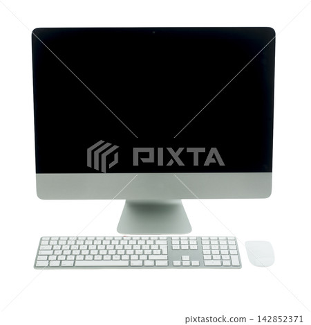 A modern all-in-one computer with a black screen A modern all-in-one computer with a black screen 142852371