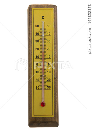 A wooden thermometer with a yellow face A wooden thermometer with a yellow face 142852378