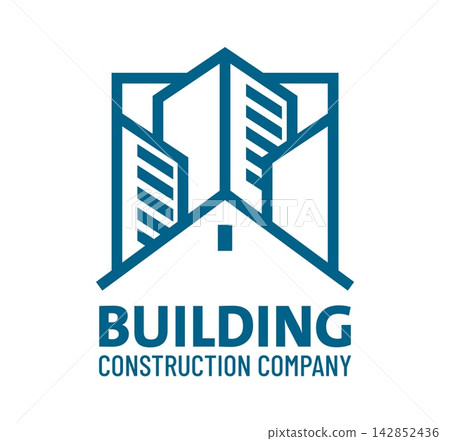 Real estate building construction emblem featuring minimalist blue linear skyscrapers and house roofline. Bold professional symbol for construction firms and real estate development company branding Real estate building construction emblem featuring minimalist blue linear skyscrapers and house roofline. Bold professional symbol for construction firms and real estate development company branding 142852436
