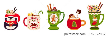 Christmas mugs and cups with eggnog drink or cocoa chocolate sweet dessert. Christmas cups with marshmallow and candies for winter holiday drink with cute cartoon penguin and gingerbread cookie man 142852437