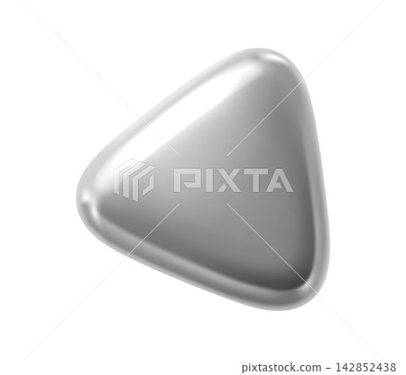3D silver triangle or metallic glossy object from chrome metal with smooth edges. 3D silver triangle with steel or metallic matte texture of iron or platinum, lead or aluminum realistic metal 142852438