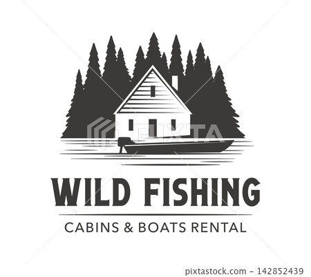 Wild fishing cabin and boat rental emblem with lakeside cottage, motorboat and pine forest landscape. Rustic outdoor badge featuring woodland scenery for fishing camps, cabin rentals or outdoor resort Wild fishing cabin and boat rental emblem with lakeside cottage, motorboat and pine forest landscape. Rustic outdoor badge featuring woodland scenery for fishing camps, cabin rentals or outdoor resort 142852439