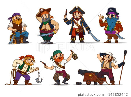 Cartoon groovy y2k pirate crew characters set. Corsair personages with tricorn hats, beards and weapons, rope and anchor, treasure chest, rum bottle and cannon. Vector funny seafarers and sea captains Cartoon groovy y2k pirate crew characters set. Corsair personages with tricorn hats, beards and weapons, rope and anchor, treasure chest, rum bottle and cannon. Vector funny seafarers and sea captains 142852442