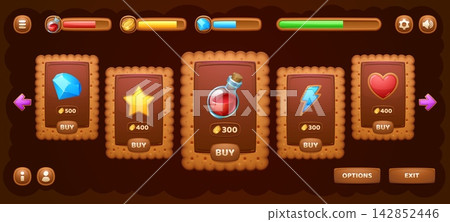Biscuit cracker cookie game shop window interface with icons, loading bar, store panel and sale board UI frame. Item cards with gems, stars, potions and hearts for mobile game design Biscuit cracker cookie game shop window interface with icons, loading bar, store panel and sale board UI frame. Item cards with gems, stars, potions and hearts for mobile game design 142852446