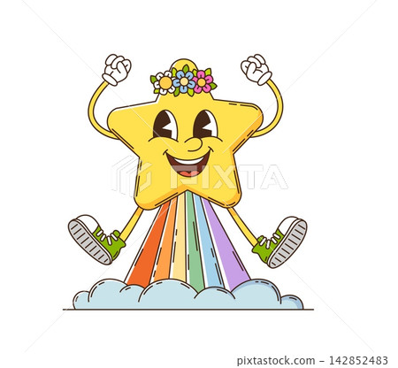 Cartoon groovy star character in hippie flowers wreath on rainbow with happy face. Groovy funny Y2K star character with comic smile flying up on rainbow jet with funky silly positive emotions Cartoon groovy star character in hippie flowers wreath on rainbow with happy face. Groovy funny Y2K star character with comic smile flying up on rainbow jet with funky silly positive emotions 142852483