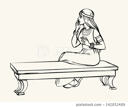 Vector drawing. Amazed girl sitting on the bench 142852489