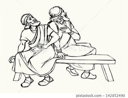 Vector drawing. Sitting men look at sky 142852490