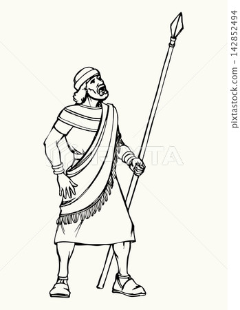 Vector drawing. Babylonian warrior with a spear 142852494