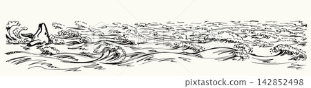 Vector drawing. Whale swims in the sea Vector drawing. Whale swims in the sea 142852498