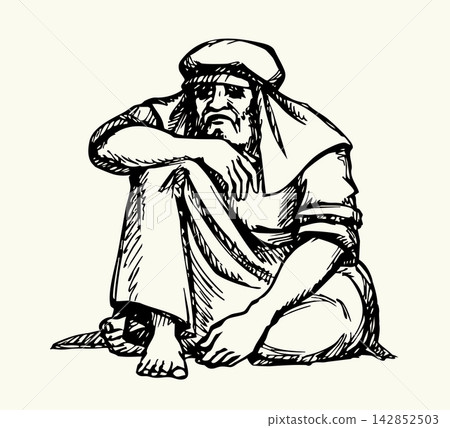 Vector drawing. Ancient man sitting on the ground Vector drawing. Ancient man sitting on the ground 142852503