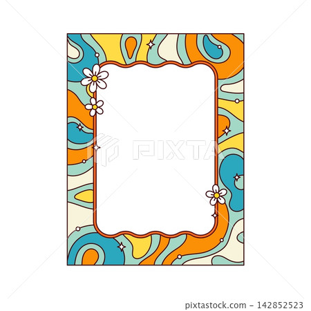 Groovy retro psychedelic color wavy frame and cartoon hippie y2k border with daisies, sparkling stars and bright squiggly pattern. Pastel photoframe background with nostalgic trippy pop art comic vibe Groovy retro psychedelic color wavy frame and cartoon hippie y2k border with daisies, sparkling stars and bright squiggly pattern. Pastel photoframe background with nostalgic trippy pop art comic vibe 142852523