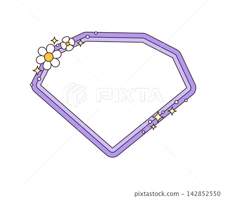 Retro groovy hippie geometric frame with gemstone shape. Hippie purple frame with white daisy flowers and sparkling stars. Funky groovy psychedelic Y2K border for photos, greeting cards and planners Retro groovy hippie geometric frame with gemstone shape. Hippie purple frame with white daisy flowers and sparkling stars. Funky groovy psychedelic Y2K border for photos, greeting cards and planners 142852550