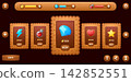 Game shop cookie interface window and icons, loading bars, biscuit store panel UI, sale board frame. Cartoon item cards featuring potion and gems with coin prices and buy buttons for mobile games 142852551