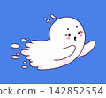 Kawaii cartoon ghost character speeds with scrunched worried face. Cute white ghost mascot with blush cheeks and small droplet effects for kids books, mobile games and spooky greeting cards 142852554