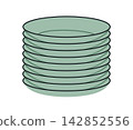 Stack of round green plates arranged neatly one above another. Cartoon kitchen tableware icon for dishwashing guides, cookware catalogs, food service materials and home living content 142852556