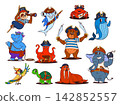 Cartoon funny animal pirate and corsair characters. Vector set of buccaneer sloth, shark, crab, whale, hippo, octopus, bear, elephant, parrot, turtle and walrus personages with tricorn hats and swords 142852557