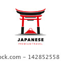 Japanese religious temple torii gate icon. Vector Japan shrine symbol with Fuji mountain and gateway silhouette, Asian emblem for travel, culture, landmark or tourism. Architecture entrance emblem 142852558