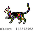 Animal cat skeleton tattoo of Mexican Day of the Dead with decorative floral patterns and skeleton bones. Cartoon sugar skull kitten character, symbolizing remembrance of death feline pets in Mexico 142852562