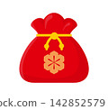 Cartoon Chinese red money wallet with yellow cord and golden flower. Vibrant Asian lucky fortune pouch for traditional Chinese New Year celebration, greeting cards and holiday packaging decor 142852579