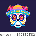 Vibrant Mexican calavera skull featuring curled mustache, and floral hat. Mexican sugar skull with marigold flowers in eye sockets for Dia de los Muertos posters and cultural celebration prints 142852582