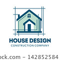 Residence house design construction company emblem featuring architectural blueprint grid lines. Teal and mint home silhouette with chimney, arched window and door for real estate agency branding 142852584