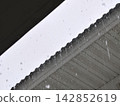 Rain Falling on Corrugated Metal Roof Edge Closeup 142852619
