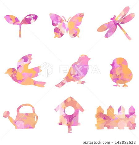 A set of 9 hand-painted bird and garden nature motifs. A set of 9 hand-painted bird and garden nature motifs. 142852628