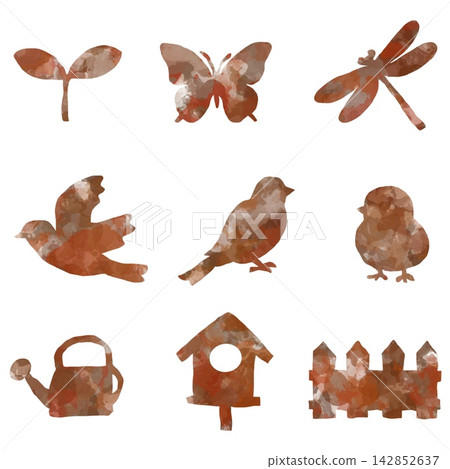 A set of 9 hand-painted bird and garden nature motifs. A set of 9 hand-painted bird and garden nature motifs. 142852637