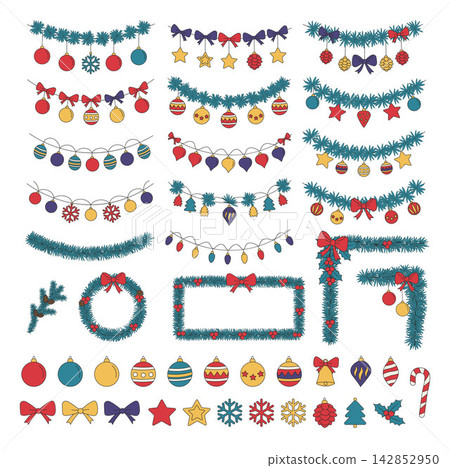 Christmas Garlands and Holiday Decorations with Ornaments, Bows, Lights and Festive Elements Christmas Garlands and Holiday Decorations with Ornaments, Bows, Lights and Festive Elements 142852950