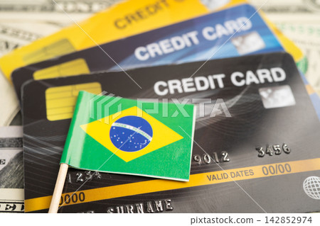 Credit card model with Brazil flag, financial investment economy business banking. Credit card model with Brazil flag, financial investment economy business banking. 142852974