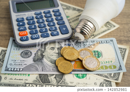 Cost of electric utilities with light bulb for payment. Cost of electric utilities with light bulb for payment. 142852981