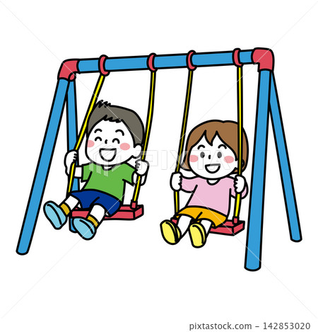An illustration of a boy and a girl playing on a swing. An illustration of a boy and a girl playing on a swing. 142853020
