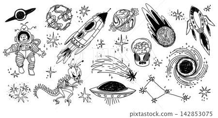 Set of space doodles with astronaut, rocket Set of space doodles with astronaut, rocket 142853075