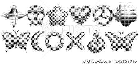 Y2K halftone 3d shapes set isolated on white Y2K halftone 3d shapes set isolated on white 142853080