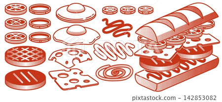Halftone long burger ingredients set on white Halftone long burger ingredients set on white 142853082