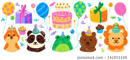 Color crayon set of kid birthday party icons Color crayon set of kid birthday party icons 142853109