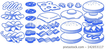 Halftone burger ingredients set on white Halftone burger ingredients set on white 142853117