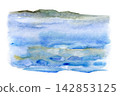 Watercolor tranquil blue sea with distant shore and soft reflections 142853125