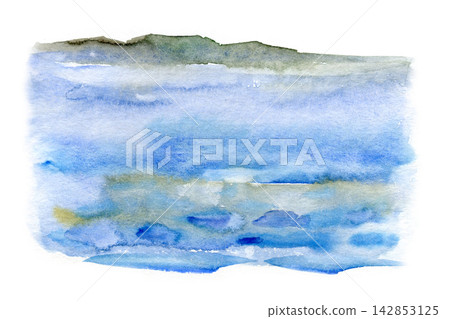 Watercolor tranquil blue sea with distant shore and soft reflections 142853125